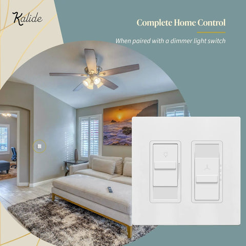 Kalide 3 Speed Fan Wall Switch With Smooth Slider Control in modern living room with ceiling fan and white finish.