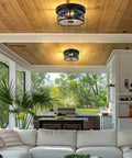 Kickass Motion Sensor Outdoor Ceiling Light Black Flush Mount with Dusk To Dawn and Auto Off Twilight Switch for Porch and Patio in modern home setting.