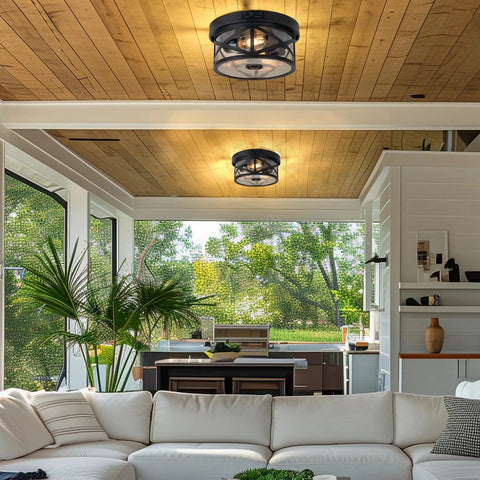 Kickass Motion Sensor Outdoor Ceiling Light Black Flush Mount with Dusk To Dawn and Auto Off Twilight Switch for Porch and Patio in modern home setting.
