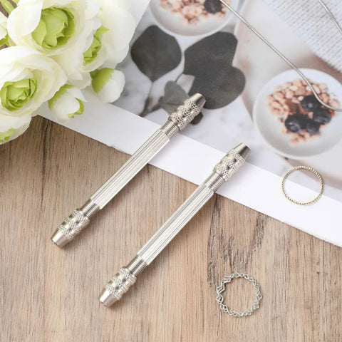 2 Pcs Double Ended Pin Vise Set Stainless Steel Mini Hand Drill for Twisting Copper Wire Jewelry Making Tool on wooden background.