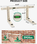 Beefed Up Heavy Duty Wall Mount Bracket For 7000 To 12000 BTU Mini Split AC Units Up To 400 Lbs Universal Ductless AC And Heat Pump Outdoor Mount With Leveler Sturdy Outdoor Grade Construction with measurements and leveler