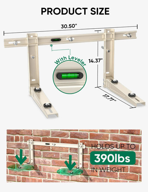 Beefed Up Heavy Duty Wall Mount Bracket For 7000 To 12000 BTU Mini Split AC Units Up To 400 Lbs Universal Ductless AC And Heat Pump Outdoor Mount With Leveler Sturdy Outdoor Grade Construction with measurements and leveler