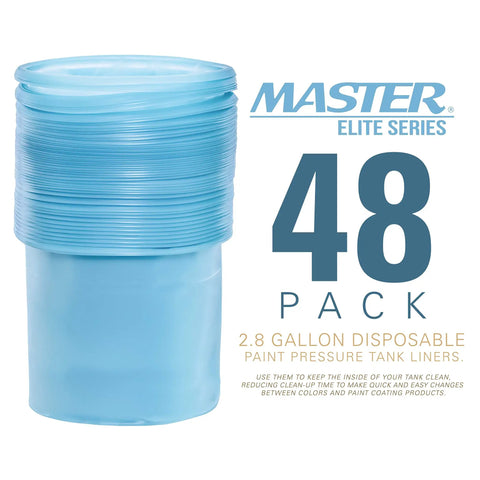 Disposable 2.8 Gallon Paint Pressure Tank Liners Pack Of 48 Fits Most 2.5 To 2.8 Gallon Tanks For Quick Cleanup Keeps Your Coating Tank Clean And Boosts Productivity, showing stacked blue liners and 48 pack label