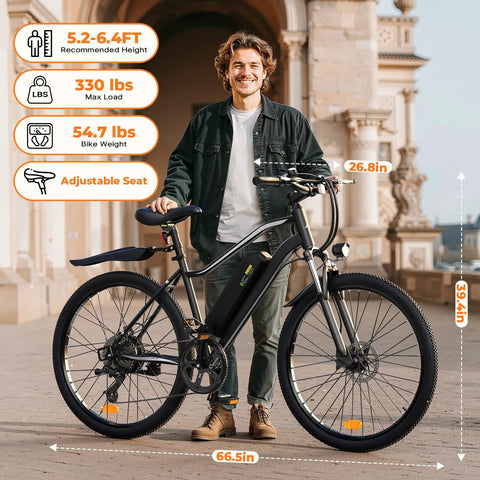 Smiling man standing with Beast Mode 1500W Peak Electric Bike for Adults with 26-inch tires and adjustable seat.
