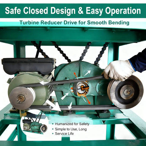 110V Electric Pipe Bender Machine For Round And Square Steel Tubing 2HP Metal Rolling Tool With 17 Dies showing turbine reducer drive and safety features.
