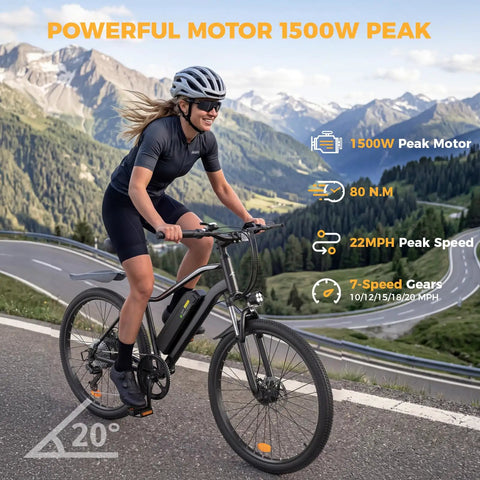 Huge 1500W Motor Electric Bike With Super Long Range And Swift Commuting Powers For Urban Rides Featuring Bold 26 Inch Tires And Heavy Duty Build For Any Terrain You Want To Crush Today, rider on mountain road