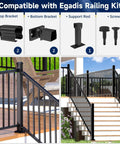 Heavy Duty Aluminum Railing Brackets 4 Pack With Stair Foot For Angled Decks And Porches overview showing top, bottom brackets, support rod and screws.