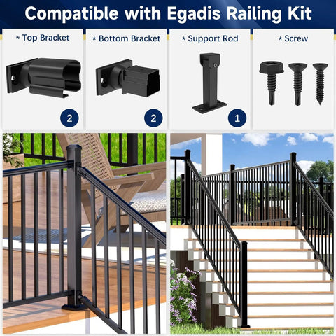 Heavy Duty Aluminum Railing Brackets 4 Pack With Stair Foot For Angled Decks And Porches overview showing top, bottom brackets, support rod and screws.