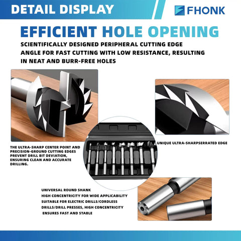 Premium Alloy Steel Heavy Duty Forstner Bit Set featuring eight precision heat treated round shank hole cutters displayed on wood.