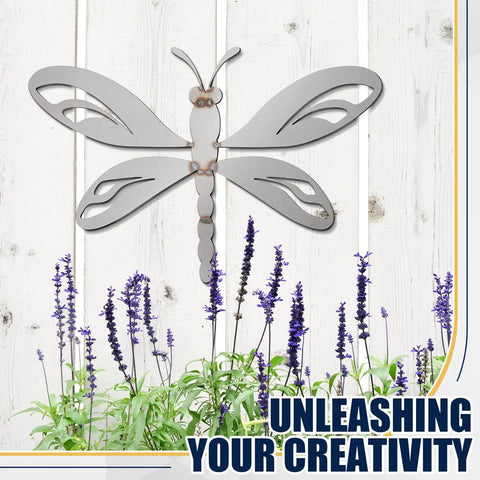 Dragonfly Welding Practice Kit For TIG MIG ARC Gas Stick Welding 201 Stainless Steel Plate Beginner Coupons DIY Metalworking Gift Legit Hands On Practice Project Set on wooden wall with purple flowers.