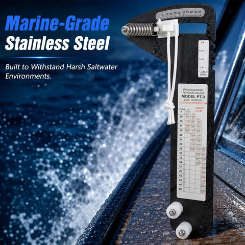 Pro Grade Hands Free Rigging Tension Gauge For Sailboat Shrouds And Wire Rope Standing Rigging Forestays And Cable Rigs Fits Nine Thirty Second Inch Nine Sixteenth Inch And Three Eighths Inch Cables Up To Four Thousand Five Hundred Pound Capacity, stainless steel marine gauge