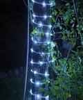 Solar Rope Lights Outdoor Waterproof 2 Pack 33ft 100 LED String Lights wrapped around tree trunk in garden at night