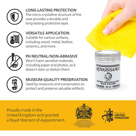Renaissance Micro Crystalline Wax Polish 65 ml with cloth, showcasing protection and versatile application features.