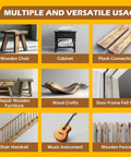 Wood Super Glue Liquid collage showing nine woodworking uses, including chair, cabinet, planks, repairs