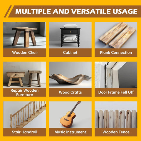 Wood Super Glue Liquid collage showing nine woodworking uses, including chair, cabinet, planks, repairs