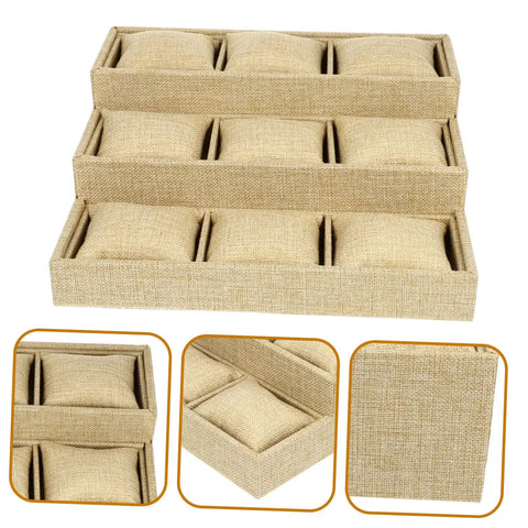 Slick Linen Watch Organizer Tray With Nine Generous Grids For Snagging And Showcasing Your Favorite Timepieces Plus Luxury Jewelry Collection Top Shelf Desk Storage Solution displayed in khaki linen with plush compartments.