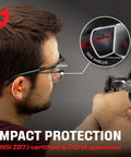 Top Shelf Anti Fog Safety Glasses Designed To Sit Easily Over Glasses With Scratch Proof Lenses Fully Adjustable Temples For Men And Women Providing Crystal Clear Vision And 100 Percent Uv Guard Without The Hassle Or Fog Wrecked Sight Lines, worn during shooting with detail on side shields.