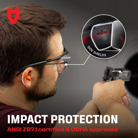 Top Shelf Anti Fog Safety Glasses Designed To Sit Easily Over Glasses With Scratch Proof Lenses Fully Adjustable Temples For Men And Women Providing Crystal Clear Vision And 100 Percent Uv Guard Without The Hassle Or Fog Wrecked Sight Lines, worn during shooting with detail on side shields.