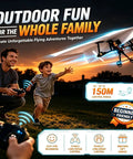 Family flying Rad Remote Control Paper Airplane Kit With Gyro Stabilizer And Dual Propellers outdoors at sunset.