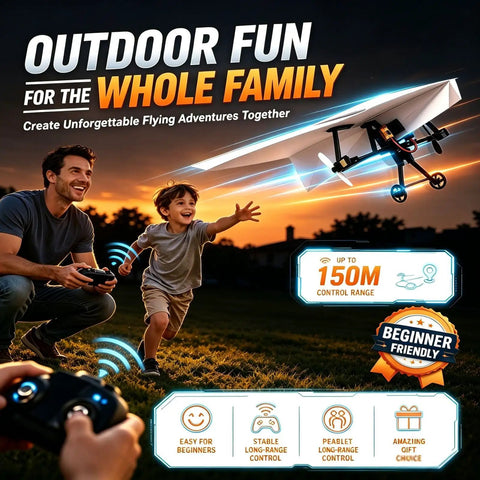 Family flying Rad Remote Control Paper Airplane Kit With Gyro Stabilizer And Dual Propellers outdoors at sunset.