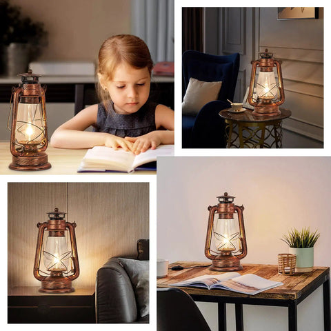 Industrial Rustic Lantern Table Lamp With Old Fashioned Oil Lamp Vibe For Farmhouse Bedroom Nightstand Hallway Study Room Vintage Night Light With Warm Glow And Cozy Desk Accent, multiple views