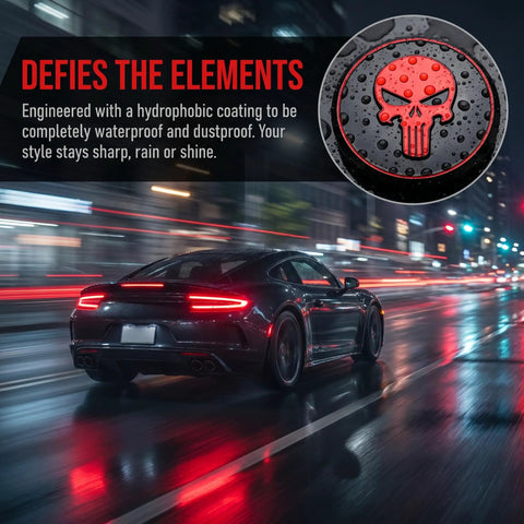 Four Pack Red Metal Skull Wheel Center Hub Cap Stickers Self Adhesive Waterproof Rim Covers Rugged Fits Trailer Grease And Bearing Dust Caps Straight Up Tough on a car in rain.