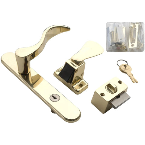 Serenade Brighton Surface Mount Door Latch for Screen and Storm Doors Polished Brass No Lock Out Night Latch Tech Fits 0.75 to 2 Inch Thick Out Swing Doors Durable Finish Easy Install Fuss Free view of components.
