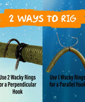Two rigging methods shown with Wacky Rigging Bass Fishing Tool For Wacky And Neko Styles, camo stickbaits, and hooks.