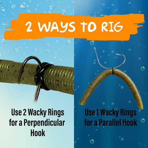 Two rigging methods shown with Wacky Rigging Bass Fishing Tool For Wacky And Neko Styles, camo stickbaits, and hooks.