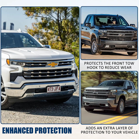 Chevy Silverado And GMC Sierra Tow Hook Covers 2 Pack Front Tow Hook Protector Black For 2007-2026 Silverado 1500 And 2007-2018 Sierra 1500 Sleek Dope Hitch Cover shown on front of truck