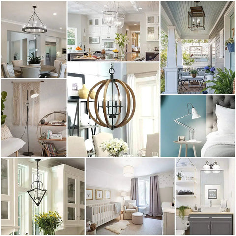 Collage of various interior lighting designs including chandeliers, sconces, and pendant lights in different room settings.