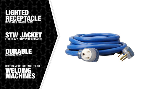 Heavy Duty Welder Extension Cord 50 Amp 250 Volt 50 Foot Power Cable With STW Jacket Molded Ends Lighted Receptacle