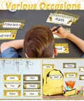 Flat Name Plates With Alphabet And Numbers 72 Pack Self Adhesive Name Tags for various settings and uses displayed.