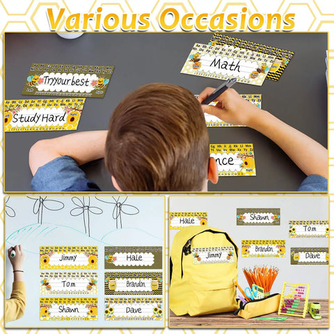 Flat Name Plates With Alphabet And Numbers 72 Pack Self Adhesive Name Tags for various settings and uses displayed.