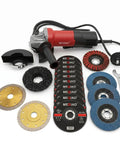 Heavy Duty Pro Workhorse 4.5 Inch Angle Grinder Kit With 11 Amp Motor Pushing 11000 RPM for metal cutting, 20 piece tool bundle including various discs.