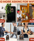 Guest WiFi Sign For Home And Small Business, Erasable Wooden WiFi Password Board displayed in home, Airbnb, office, and store settings.
