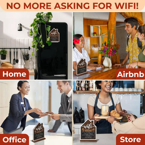 Guest WiFi Sign For Home And Small Business, Erasable Wooden WiFi Password Board displayed in home, Airbnb, office, and store settings.