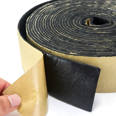 Close-up of Pipe Wrap Insulation Tape For Hot And Cold Pipes Waterproof Foam Adhesive 33 Feet Long And 2 Inches Wide One Eighth Inch Thick Prevents Condensation And Freezing For Diy Home Plumbing Projects being unrolled