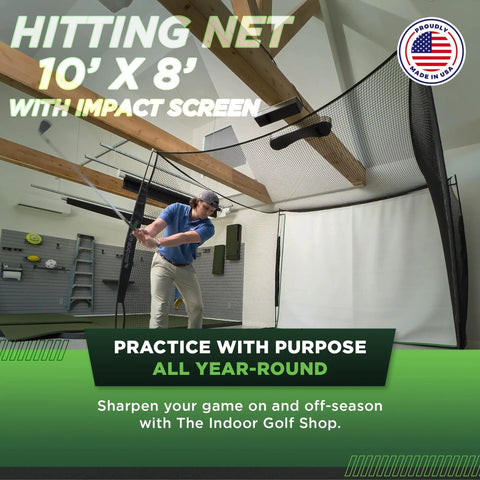 Indoor Golf Practice Net With 10x8 Ft Hitting Net And Impact Screen, Knotless Design set up in a home garage for practice