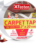 Roll of Heavy Duty Double Sided Carpet Tape For Area Rugs And Carpets, 2 Inch By 20 Yards, labeled with adhesion features.