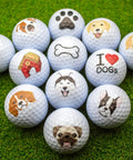 Dog Lover Golf Balls Set Of 12, Funny Dog Theme Golf Balls For Golfers And Pet Lovers, featuring playful dog designs on grass