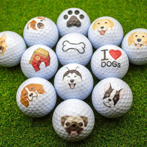 Dog Lover Golf Balls Set Of 12, Funny Dog Theme Golf Balls For Golfers And Pet Lovers, featuring playful dog designs on grass