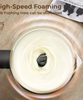 Six In One Electric Milk Frother With 17 Oz Capacity Dope Auto Warm And Cold Foam Maker For Coffee Latte Cappuccino Macchiato Hot Chocolate One Button Operation Black Finish For Home Barista Everyday Use showing high-speed foaming with 17 oz capacity.