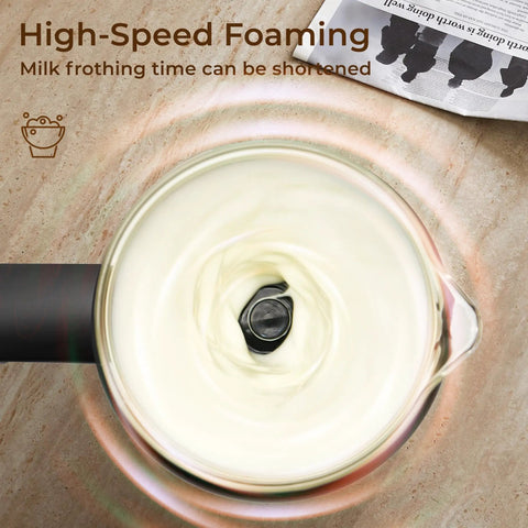 Six In One Electric Milk Frother With 17 Oz Capacity Dope Auto Warm And Cold Foam Maker For Coffee Latte Cappuccino Macchiato Hot Chocolate One Button Operation Black Finish For Home Barista Everyday Use showing high-speed foaming with 17 oz capacity.