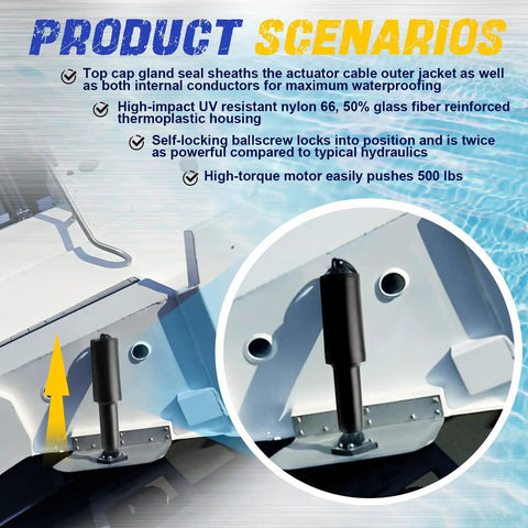 Beefy Boat Trim Tab Actuator With Two And A Quarter Inch Stroke For 101XD Marine Systems installed on a boat, showcasing durability.
