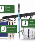 Heavy Duty Wall Mounted Tool Rack With Six Aluminum Hooks For Garage, Shed Or Workshop, holding rakes, chairs, bags.