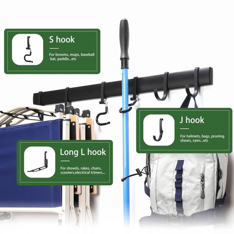 Heavy Duty Wall Mounted Tool Rack With Six Aluminum Hooks For Garage, Shed Or Workshop, holding rakes, chairs, bags.