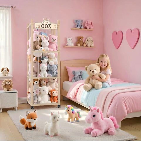 56 Inch Tall Wooden Stuffed Animal Storage Tower With Wheels in a pink bedroom, organizing plush toys for nursery or playroom.