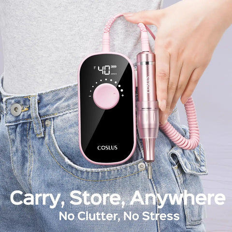 Rechargeable Electric Nail Drill 40000 RPM With Portable Nail File And Storage Stand Pro Grade Power clipped to jeans pocket