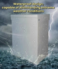 Heavy Duty 10x8x6 Inch Metal Outdoor Electrical Box IP66 Waterproof Lockable Enclosure Built With 1.5mm Cold Rolled Steel Plate Heavy Duty Construction Rust Resistant Weatherproof Junction Box With Locking Lid For Outdoor Electrical Installations, shown in rain
